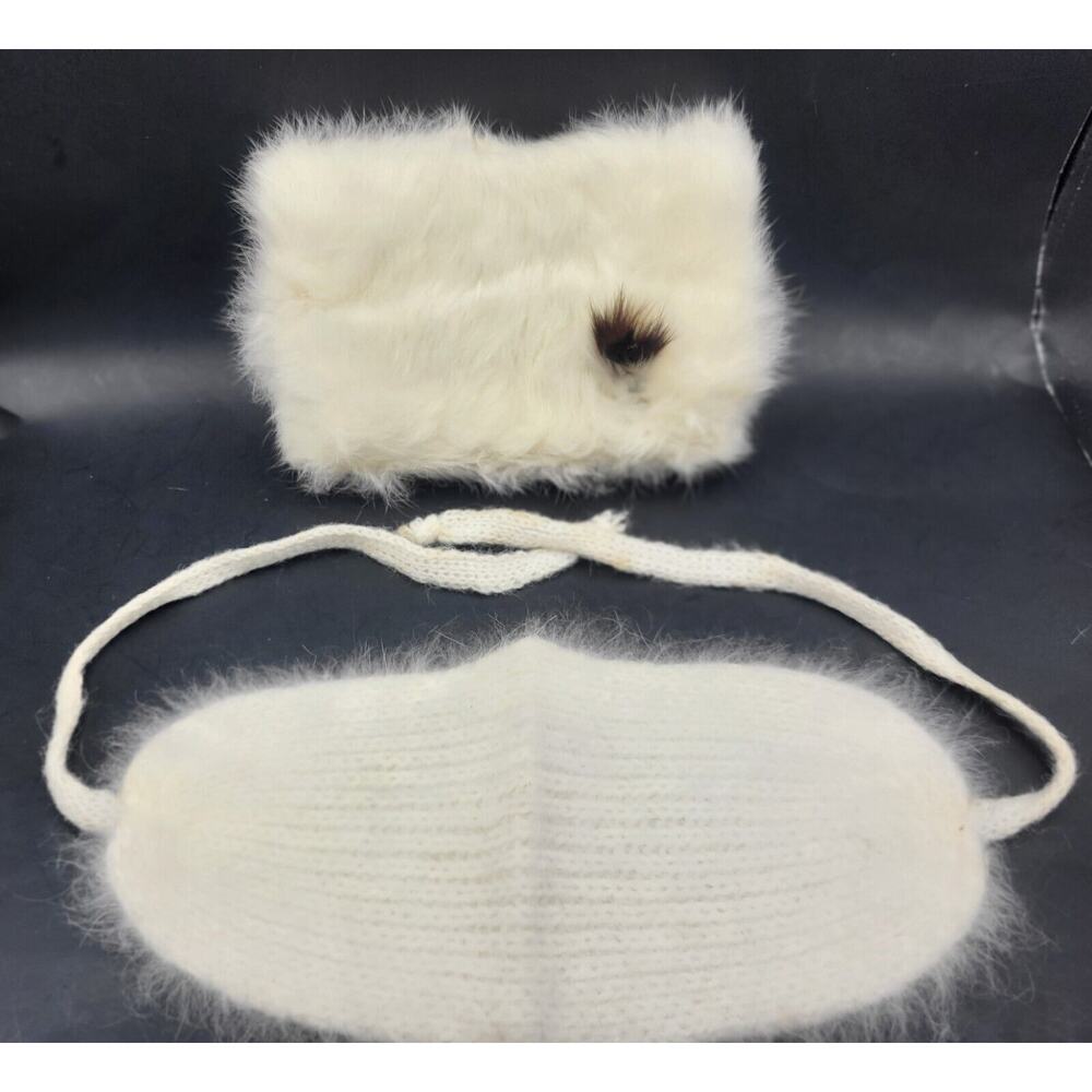 RARE 1950s Childs White Fur Muff Cap Set Wool Knit Vintage Retro YK